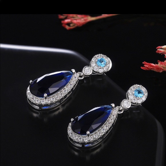 Royal Blue Cubic Zirconia Water Drop Shaped Drop Earrings - Picture 5 of 6